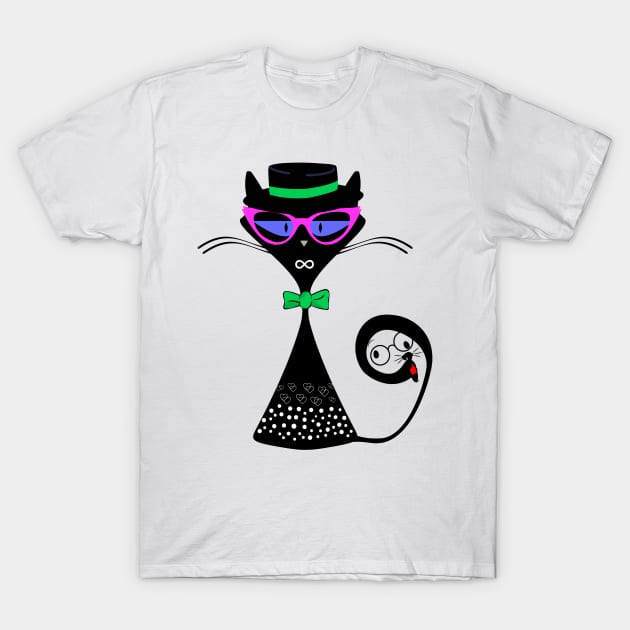 Vintage black cat with a hidden beaver in her tail T-Shirt by Rebeldía Pura